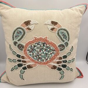 Pier 1 Beaded Crab Coastal Throw Pillow 16x16 Nautical Beach House Decor